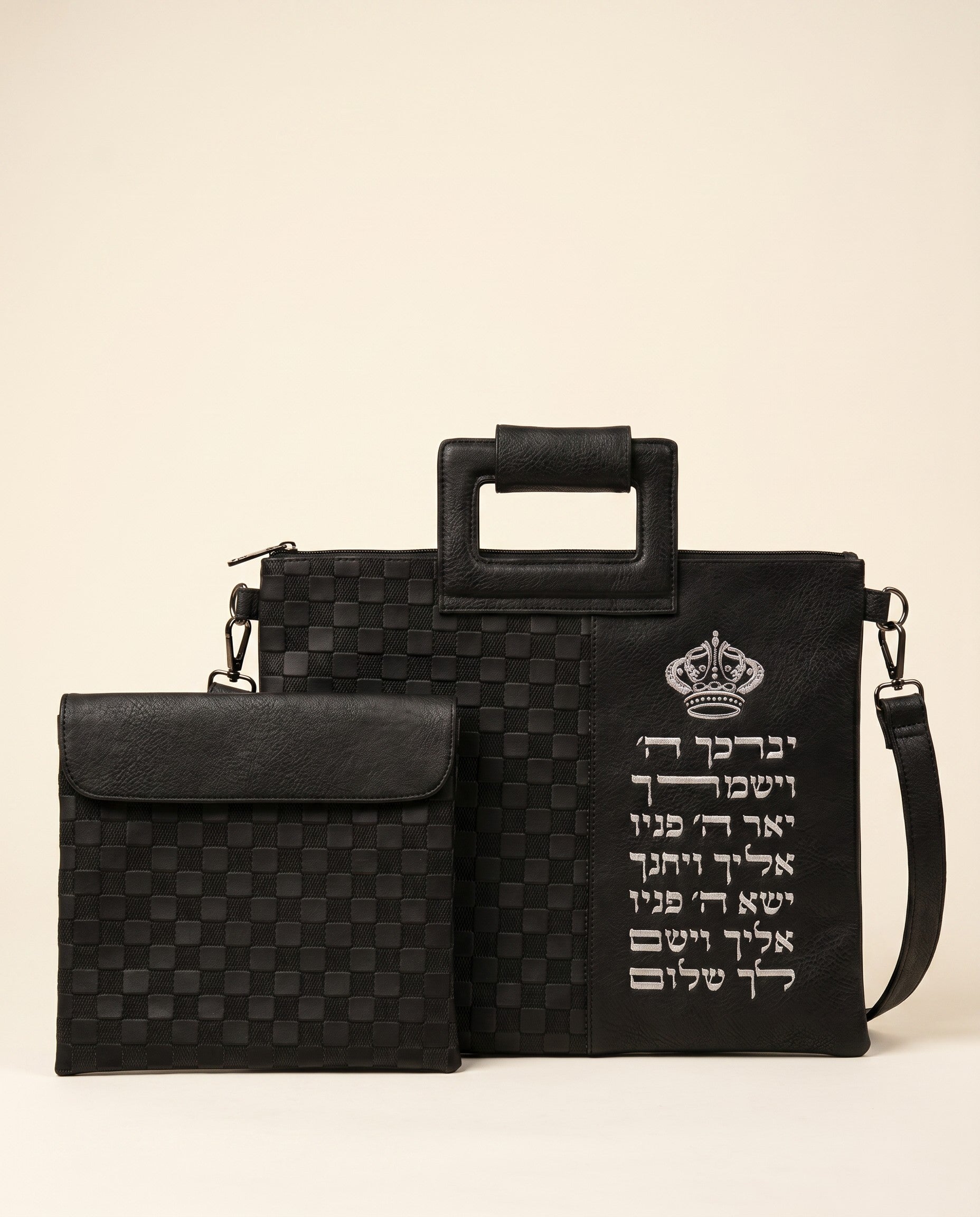 תיק לטלית ותפילין - דמוי עור שחור "יברכך" כתר כסף