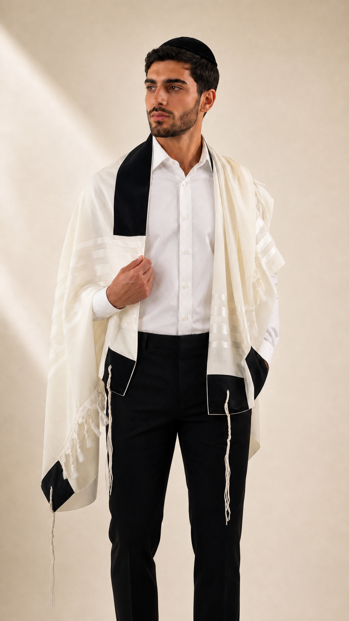 טלית - עשוייה 100% צמר רחלים טהור. דגם עטרת שחור קלאסי